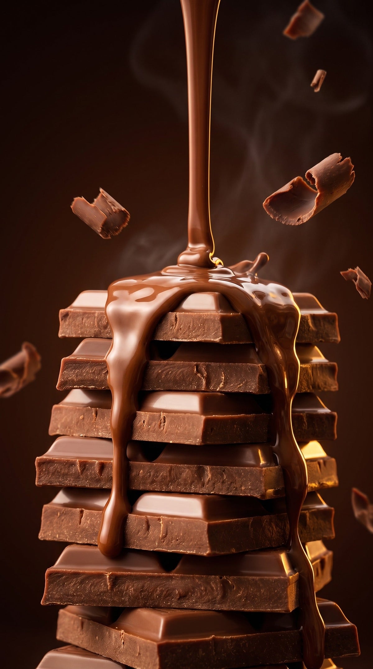 Molten chocolate pouring over stacked King's Chocolate bars
