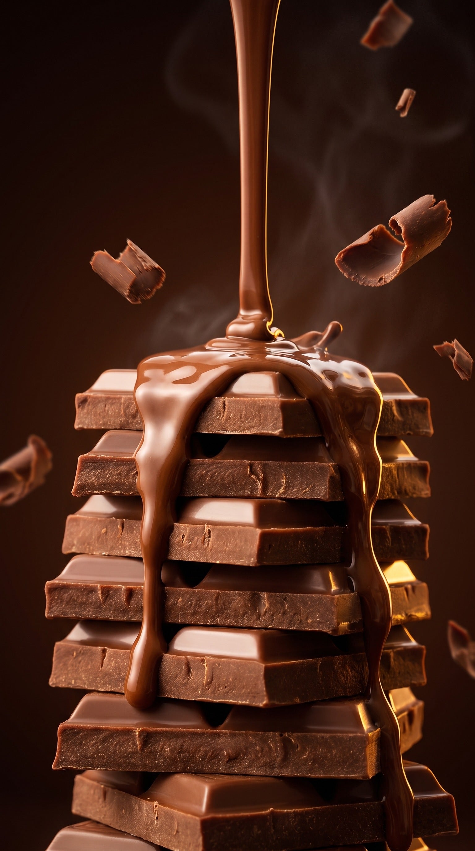 Molten chocolate pouring over stacked King's Chocolate bars