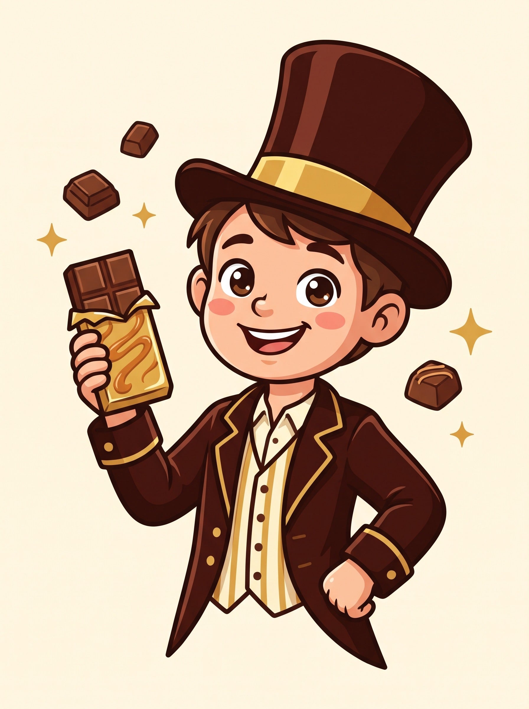 Illustration of founder Cru as a young chocolatier in a top hat