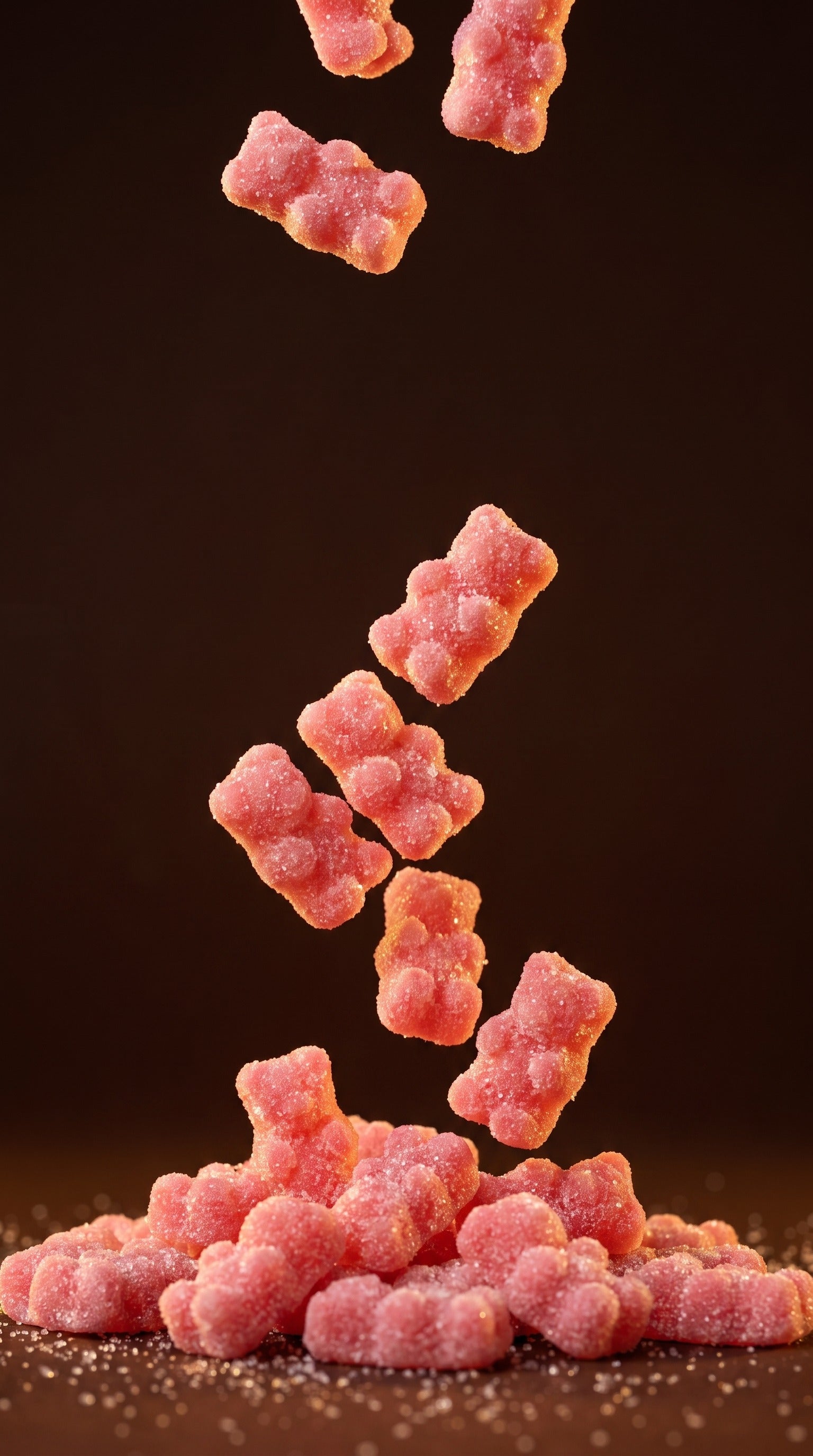 Strawberry gummy bears cascading against a dark background