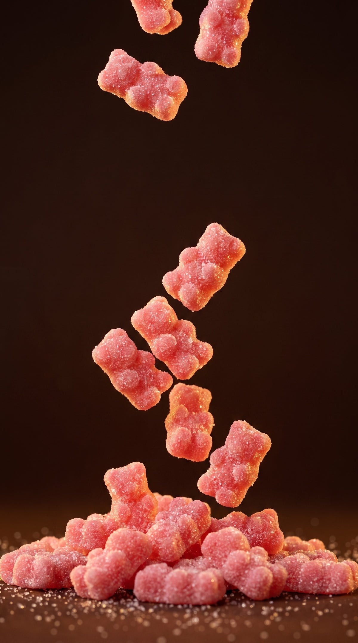 Strawberry gummy bears cascading against a dark background
