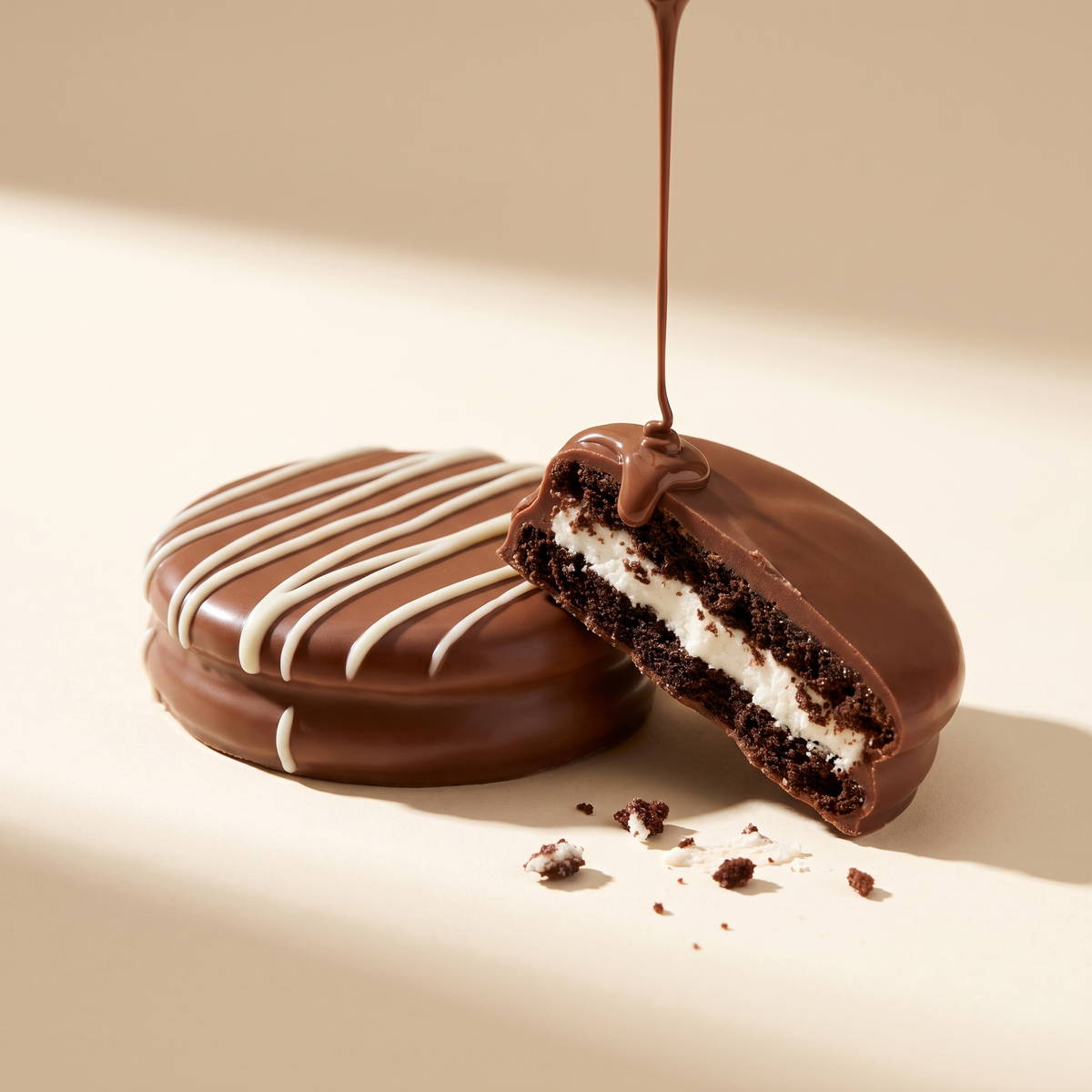 Two chocolate-covered Oreo cookies drizzled with melted chocolate